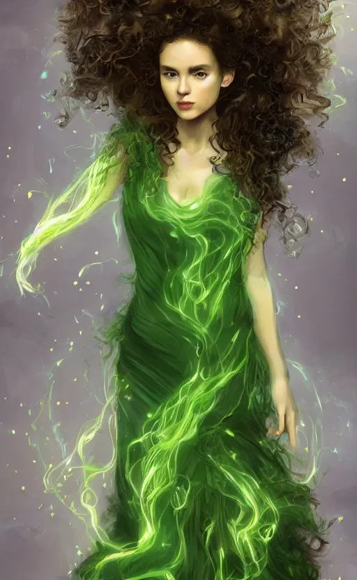 Image similar to a young woman with wild, curly hair and bright green eyes. she's wearing a flowing dress made of light, airy fabric and she has a mischievous look on her face, dynamic lighting, photorealistic fantasy concept art, trending on art station, stunning visuals, creative, cinematic, ultra detailed