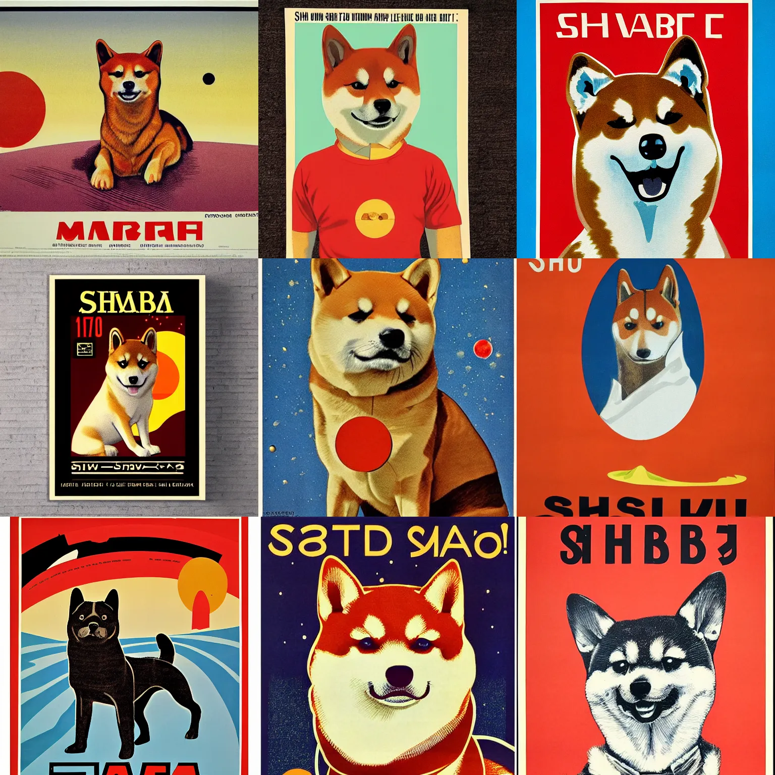 Image similar to Shiba Inu portrait, planet mars, 60s poster, 1972 Soviet