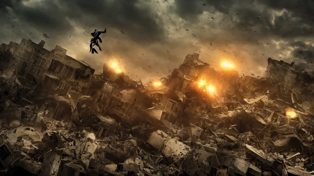 Prompt: superhero flying at a destroyed city, dark image, great lighting, cinematic.