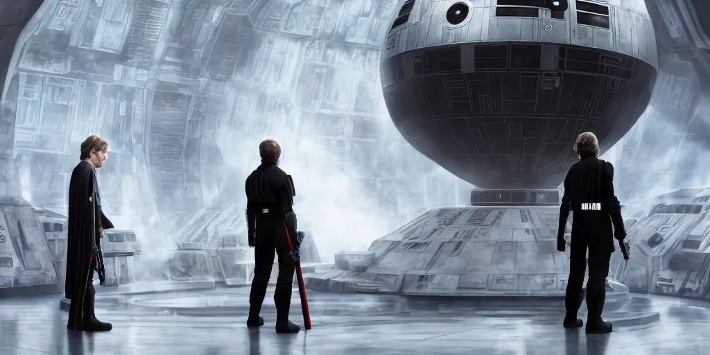 Prompt: luke skywalker and darth vadar standing facing eachother in the throne room of the death star. A table between them with a single kyber crystal resting upon it. Hyper realism, detailed, star wars, lighting, 8k, photo
