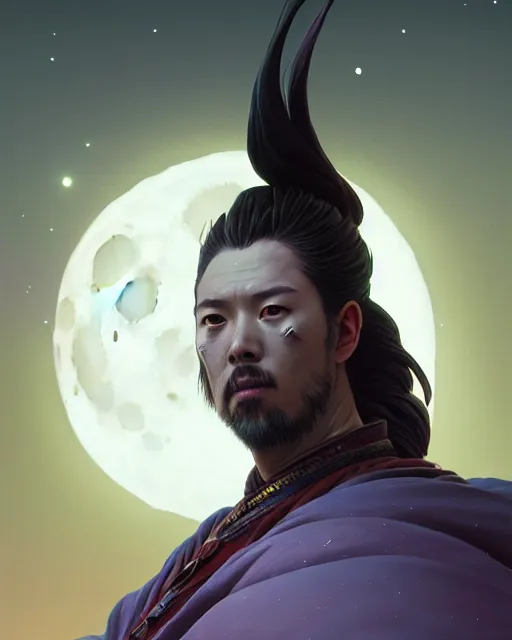 Image similar to highly detailed surreal vfx portrait of a metallic chromatic samurai in front of a full moon, stephen bliss, unreal engine, greg rutkowski, loish, rhads, beeple, makoto shinkai and lois van baarle, ilya kuvshinov, rossdraws, tom bagshaw, alphonse mucha, global illumination, detailed and intricate environment