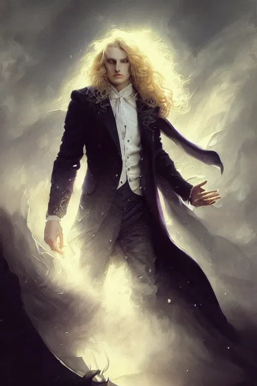 Image similar to johan liebert mixed with alucard picture by Greg Rutkowski, long fluffy blond curly hair, baroque curls, dynamic pose, matte painting, intricate, z brush, fantasy concept art, elegant, by Stanley Artgerm Lau, WLOP, golden ratio, thomas kindkade, alphonse mucha, loish, Peter chung, norman Rockwell,
