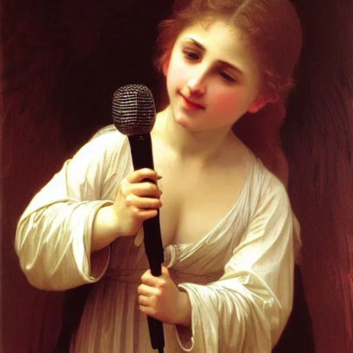 Prompt: an oil painting of an angel singing holding microphone on one hand, by Bouguereau, highly detailed and intricate,