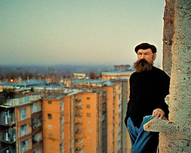 Image similar to lomographic tarkovsky film still of 4 0 years russian man with beard and sweater standing on small hrushevka 9 th floor balcony in taiga looking at sunset, perfect faces, cinestill, bokeh