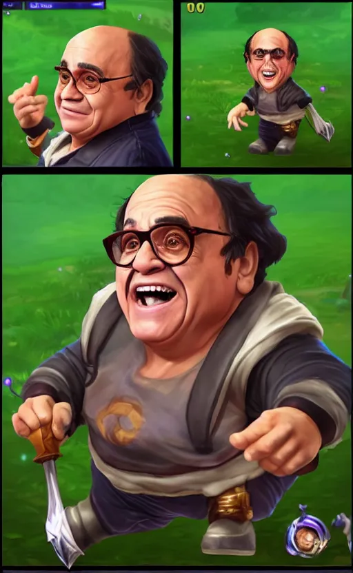 Prompt: Danny DeVito as a character in the game League of Legends, with a background based on the game League of Legends, detailed face, old 3d graphics