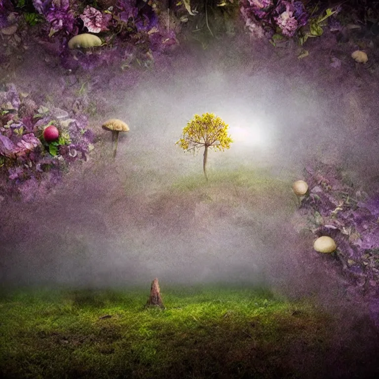 Image similar to a planet of various fungus, mushrooms, flowers and plants, inside the picture is infinity, Atmospheric, artistic photography, conceptual, long exposure outside the city, volumetric light