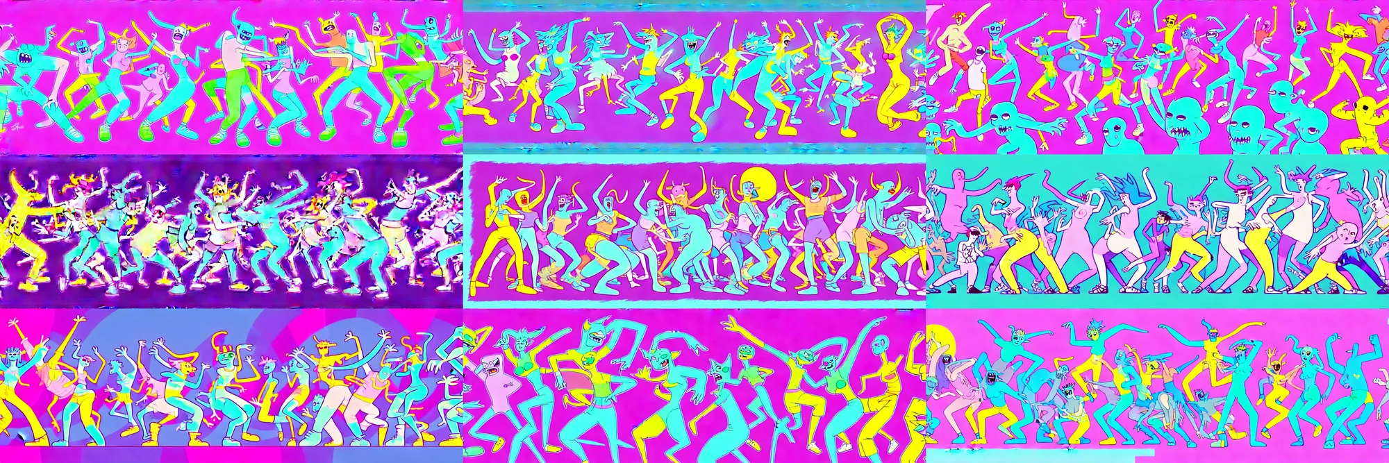 Prompt: a high quality focused pastel render of a horde of cartoonishly powerful lofi 9 0 s retro monsters engaged in an epic dance battle, in the style of dreamlike art nouveau