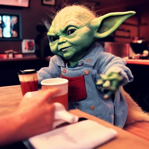 Prompt: Chucky meeting Baby Yoda for a coffee in a cafe