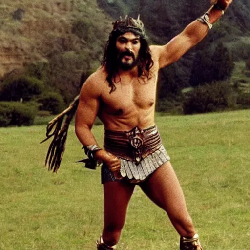 Prompt: A still of Jason Momoa in Monty Python and the Holy Grail (1975)