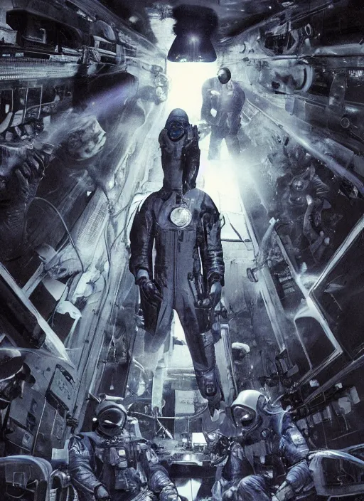 Prompt: astronauts in dark and empty void underwater - complex composition. reflection and dispersion materials. rays and dispersion of light. volumetric light. 5 0 mm, f / 3 2. noise film photo. flash photography. ultra realistic, wide angle. poster by wayne barlowe, hajime sorayama aaron horkey, craig mullins. dark key.