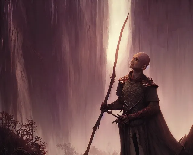 Image similar to highly detailed portrait of daniel radcliffe as a fantasy bald elf holding a magic staff, in skyrim, stephen bliss, unreal engine, fantasy art by greg rutkowski, loish, rhads, ferdinand knab, makoto shinkai and lois van baarle, ilya kuvshinov, rossdraws, tom bagshaw, global illumination, radiant light, detailed and intricate environment