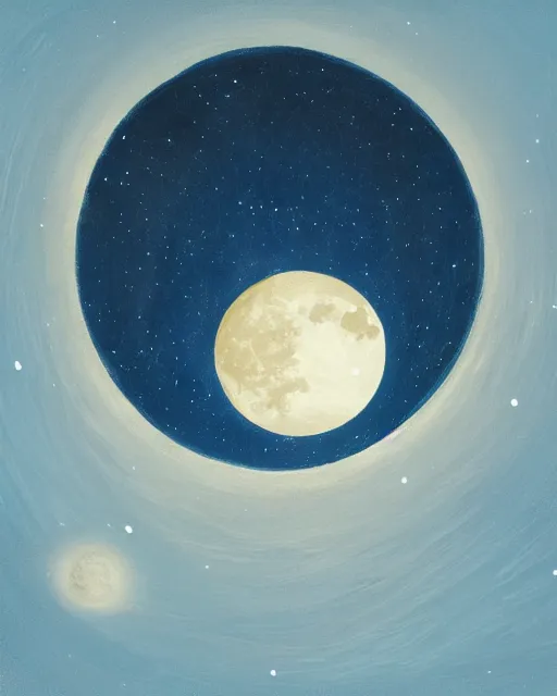 Image similar to painting of a large moon in the sky; the moon is read and has an open eye on it; there is a thin, long, blue cross-shaped star in the sky, anime, detailed, creepy, beautiful