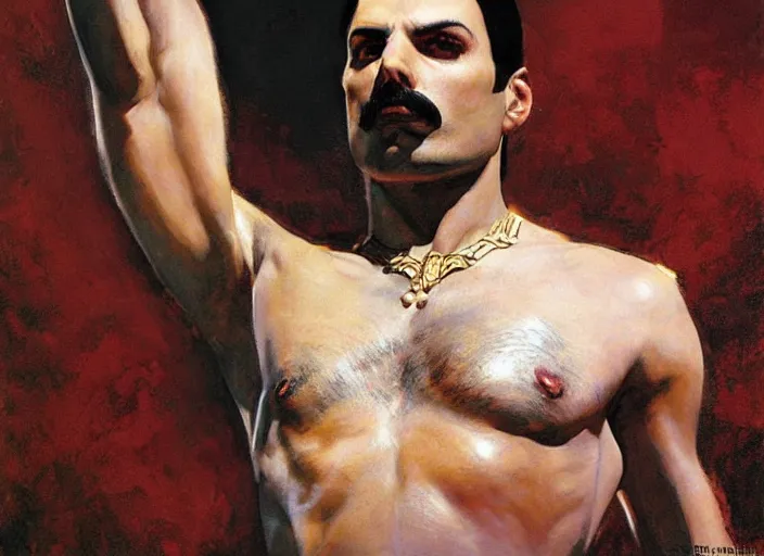 Image similar to a highly detailed beautiful portrait of freddie mercury as kratos, by gregory manchess, james gurney, james jean