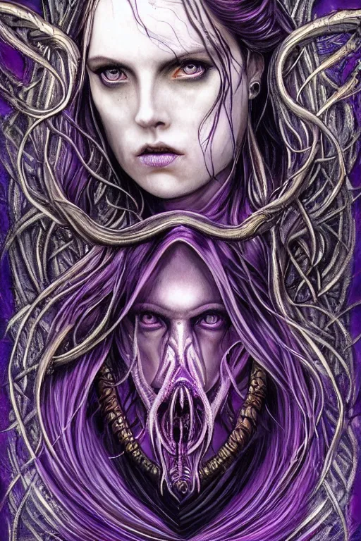 Image similar to Elden Ring themed painting of majestic chromatic purple-eyed girl with thin purple tentacles on her head beautiful ethereal angel symmetrical neutral black metal closeup face tattoo pattern golden ratio concept, Neo-Gothic concept, infinity glyph waves, intricate artwork masterpiece, very coherent artwork, cinematic, full frontal facial features by Artgerm, art by H.R. Giger, Joseph Michael Linsner, Zdizslaw Beksinski, Johnatan Wayshak, Moebius, Ayami Kojima, very anatomically coherent artwork, trending on cgsociety, ultra high quality model, production quality cinema model, high detail chromatic ink outline, octane render, unreal engine 8k, hyper realism, high detail, octane render, unreal engine, 8k, High contrast