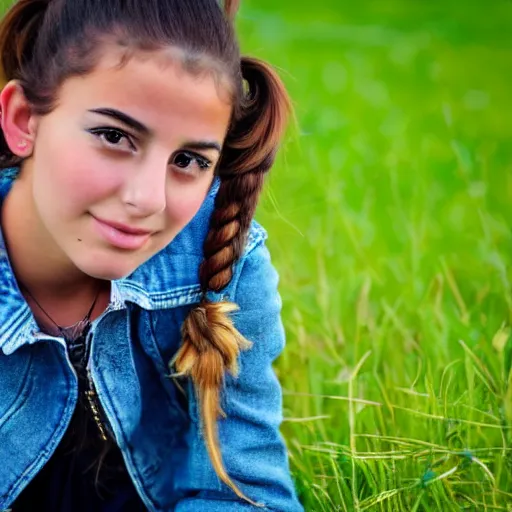 Image similar to a young spanish girl plays on a great green meadow, she wears a jacket, jeans and boots, she has two ponytails, photo taken by a nikon, highly detailed, sharp focus