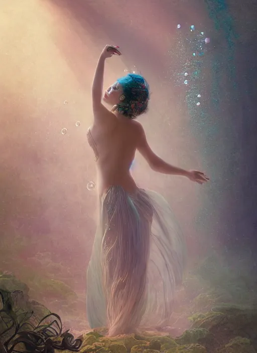 Image similar to hyper realist matte digital painting of a beautiful woman, beautiful face, underwater photography, full body, jugendstill, floating in water, flowing gown, bubbles rising, seaweed, headspace, fairytale, fantasy art, photo realistic, dynamic lighting, artstation, volumetric lighting, by mucha, by charlie bowater, by karol bak, by alma tadema