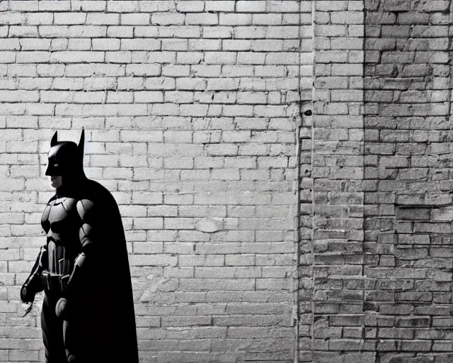 Image similar to a high definition photograph of Batman holding a lightsaber in a New York City alleyway, serious face, moody lighting, high contrast, dark background, window lights