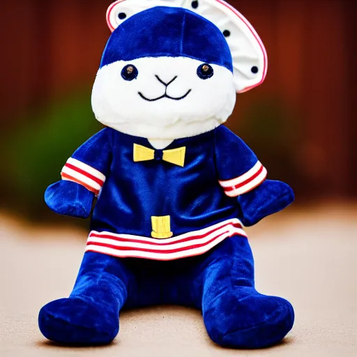 Image similar to stuffed animal frog wearing a sailor suit, plushie photography,