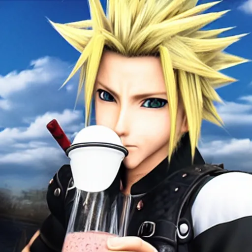 Prompt: photo of cloud strife drinking a milkshake