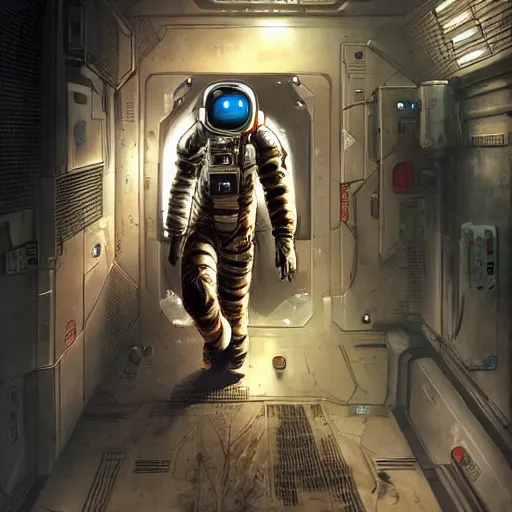 Image similar to Cyberpunk Dead Space themed Astronaut stepping out of an airlock, detailed illustration, Industrial Scifi, by Frank Frazetta and Martin Grip