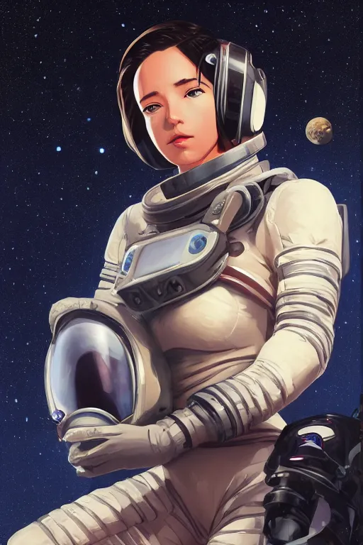 Image similar to ! dream a girl in a spacesuit, full shot, fine - face, realistic shaded perfect body, fine details. night setting. very anime style. realistic shaded lighting poster by ilya kuvshinov katsuhiro, magali villeneuve, artgerm, jeremy lipkin and michael garmash, rob rey and kentaro miura style, trending on art station