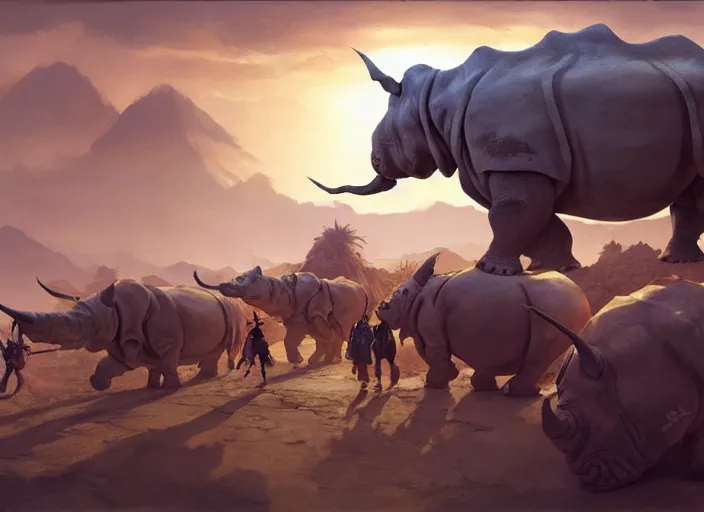 Image similar to the big large expedition with a crowd of adventurers being brought by gigantic rhinos carrying stuff towards the desert of duhnes medium shot, studio ghibli animation, anime key art by craig mullins, bloom, dramatic lighting