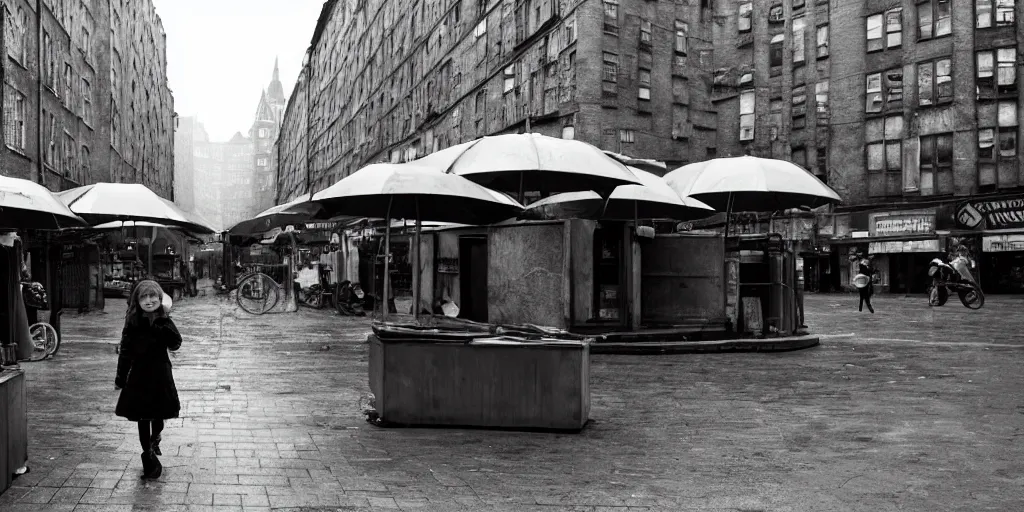 Image similar to medium shot of lonely market stall with umbrellas and sadie sink in hoodie. in ruined square, pedestrians on both sides. steampunk tenements in background : 3 5 mm film, anamorphic, from schindler's list by steven spielberg. cyberpunk, cinematic atmosphere, detailed and intricate, perfect anatomy