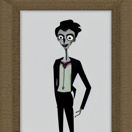 Image similar to young man portrait, black hair, skinny, corpse bride art style