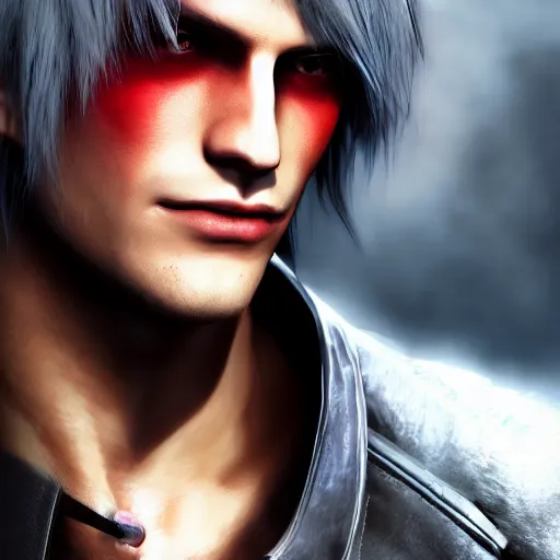 Image similar to portrait of dante from devil may cry 4, medium length hair, photorealistic, high quality, unreal engine, highly detailed face, sharp focus, depth of field, ambient lighting, ray tracing, 4k, hdr, artstation trending,