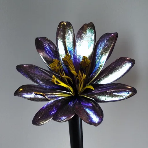 Image similar to a metallic iris flower, cybernetic, shiny, glowing