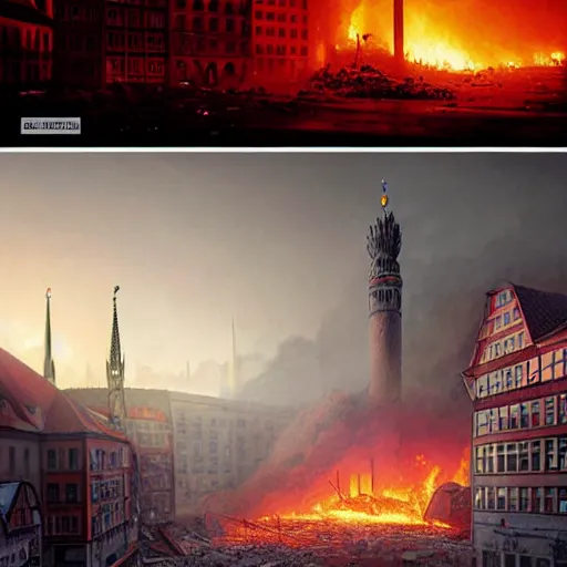 Image similar to city of munich destroyed by a meteor!!!, rubble!!, fires!! hyperrealistic, highly detailed, cinematic, foggy light from fires, beautiful, cgssociety, artstation, 8 k, oil painting by greg rutkowski, by artgerm, by wlop