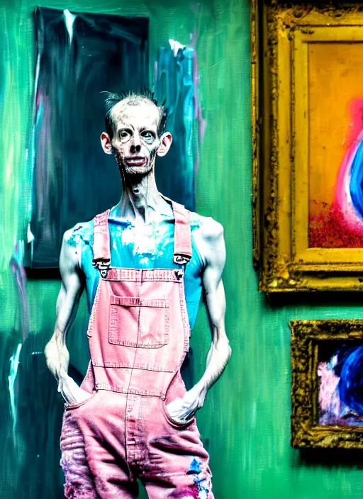 Image similar to an insane, skinny, artist wearing dirty, torn overalls, expressive painting the walls inside a grand messy studio, depth of field, hauntingly surreal, highly detailed painting by francis bacon, edward hopper, adrian ghenie, glenn brown, soft light 4 k in pink, green and blue colour palette, cinematic composition, unreal engine,