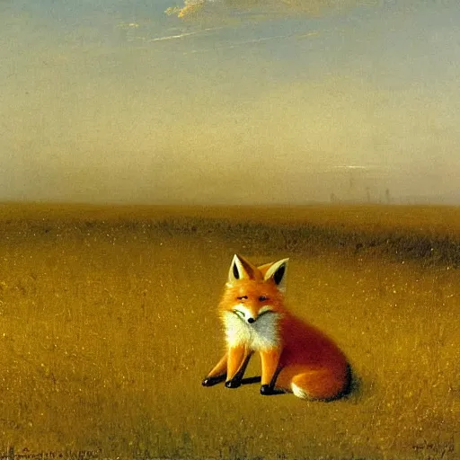 Image similar to a happy fox sitting in a wheat field, looking at the viewer, oil - on - canvas painting by carl spitzweg