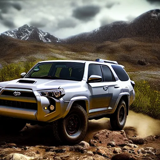 Image similar to Toyota 4Runner, Professional Photography, Skyrim, Off-roading, Mountain landscape, dirt, road, cinematic color, photorealistic, highly detailed wheels, highly detailed