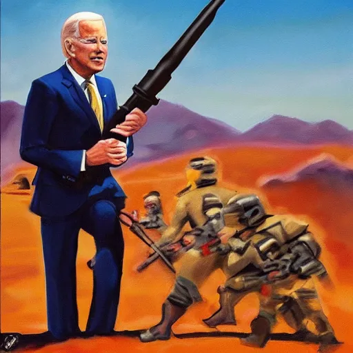 Image similar to oil painting Joe Biden with glowing eyes, looking stern, holding an RPG, in a desert landscape, epic, dark