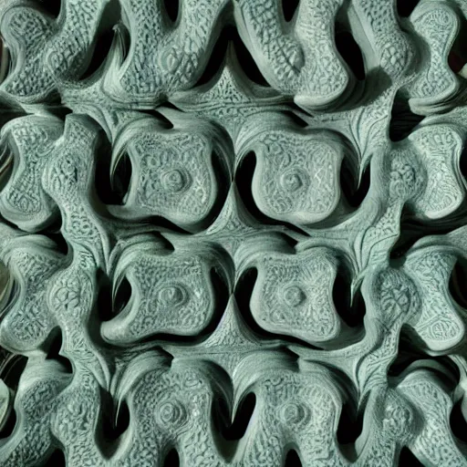 Prompt: thin lines, fractals, lichen macro, serpentine twisty maze, carved soapstone ceiling relief paneling white and pale green, antoni gaudi