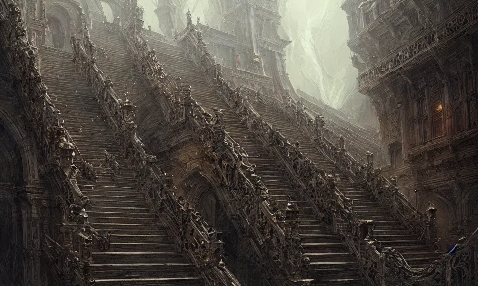 Prompt: stairs from hell to heaven, intricate detail, intricate, epic, vast, digital painting by greg rutkowski, artstation, very detailed, cinematic lighting, concept art