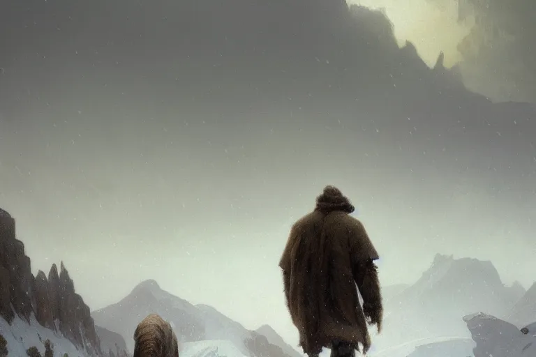 Image similar to a mammoth walking in a terrible snowstorm, luminous sky, by greg rutkowski and alphonse mucha, gradient brown to white, rocky mountains background, highly detailed landscape, digital painting, artstation, concept art, smooth, sharp focus illustration