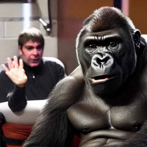 Image similar to joe rogan as a gorilla sitting in a hot tub