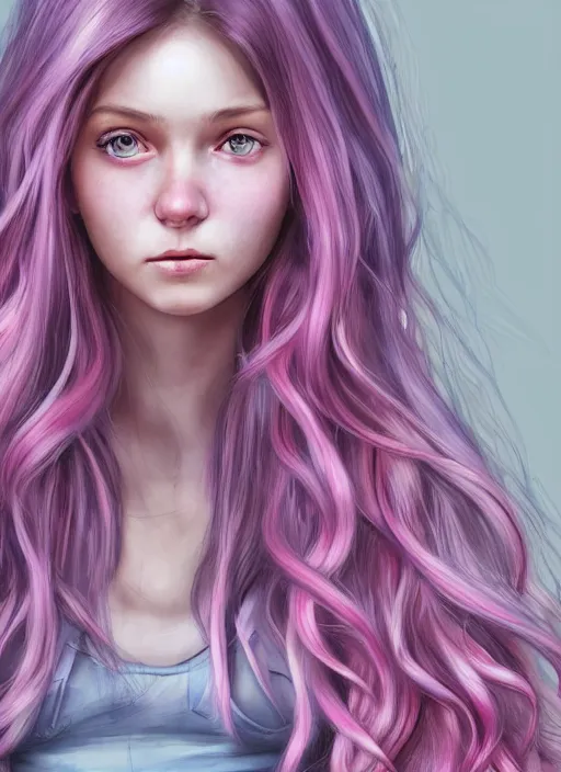 Prompt: highly detailed concept art for the main character in the award winning film named life is better in pink. the character is a unnaturally beautiful teenage girl with deep dark blue eyes and long curled pink dyed hair, wearing light pink clothes. realistic cg render, anatomically correct, high key lighting, trending on art station, vibrant colors. curled hair curled hair curled hair.