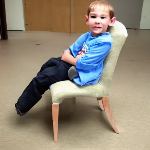 Prompt: a kid sitting on a chair that looks like a half moon