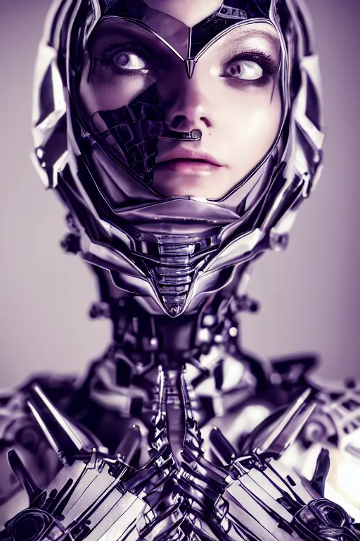 Prompt: beautifull cyberpunk woman model, wearing organic ceramic fractal armor, luxury materials, symmetrical, cinematic, elegant, professional studio light, real dlsr photography, sharp focus, 4 k, ultra hd, sense of awe, high fashion