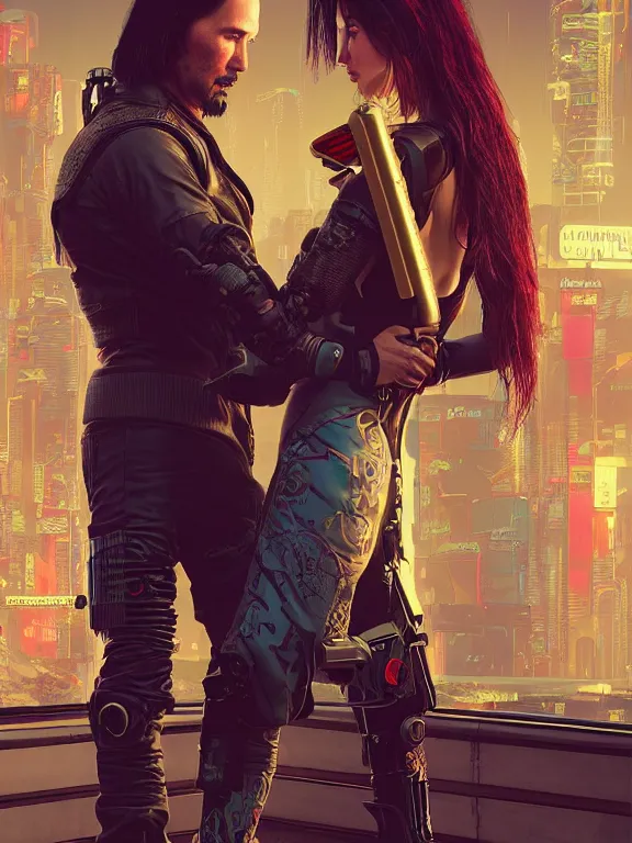 Image similar to a cyberpunk 2077 couple portrait of Keanu Reeves and V, ,love story,film lighting,by laurie greasley,Lawrence Alma-Tadema,William Morris,Dan Mumford,trending on atrstation,FAN ART,full of color,Digital painting,face enhance,highly detailed,8K, octane,golden ratio,cinematic lighting