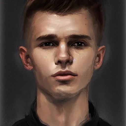 Prompt: Portrait of a man by Greg Rutkowski, he is about 20 years old, polish, short blonde hair with bangs, attractive, smart looking, slim, somewhat androgenic, he is wearing a white and black utilitarian jumpsuit, highly detailed portrait, scifi, digital painting, artstation, concept art, smooth, sharp foccus ilustration, Artstation HQ