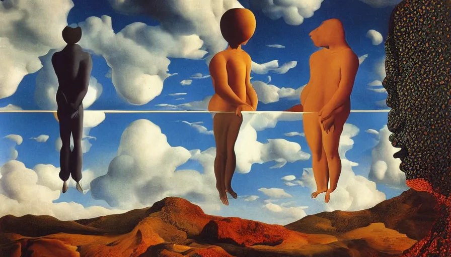 Image similar to parallel universe between forbidden knowledge and maddening strangeness by salvadore dali and rene magritte, extremely high detail, 8 k