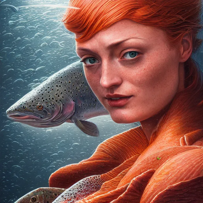 Prompt: portrait of fishery salmon sophie turner, by dan mumford, moebius, yukito kishiro, barclay shaw, karol bak, jean baptiste monge, high quality, high resolution, smooth 8 k octane rendered with volumetric cinematic dramatic light rutkowsky