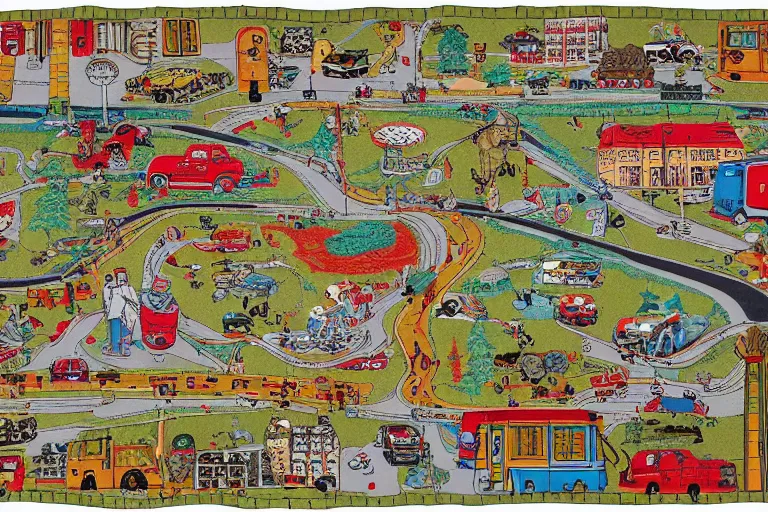 Prompt: an elaborate kids road map carpet rug, detailed, made of penned illustrations, by wes anderson and geoff darrow!!!!!