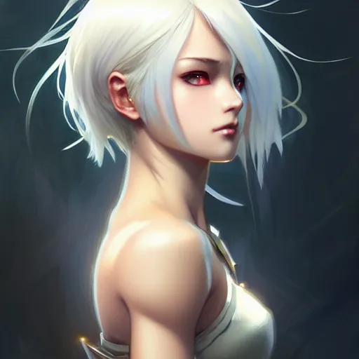 Image similar to anime girl, light armor, full body, white hair, d & d, fantasy, detailed eyes, intricate, backlit, realistic lighting, elegant, highly detailed, digital painting, artstation, concept art, smooth, sharp focus, illustration, art by artgerm, greg rutkowski, alphonse mucha