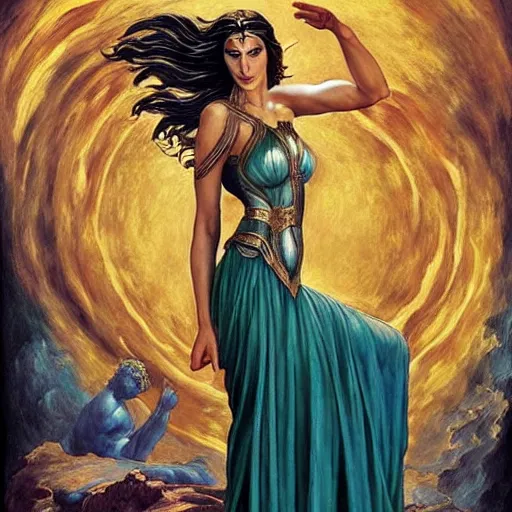 Image similar to Full body oil painting of the beautiful goddess Gal Gadot, she is wearing a peplos and a surreal ornate, her hair is natural disheveled, she is approaching heaven over the clouds, naturalism, dramatic lighting, high-detailed oil painting by Ilya Repin, Michelangelo da Caravaggio, William Blake, Alex Grey and Beksinski, trending on Artsation, hystorical painting, naturalism, masterpiece, 4k, 8k,