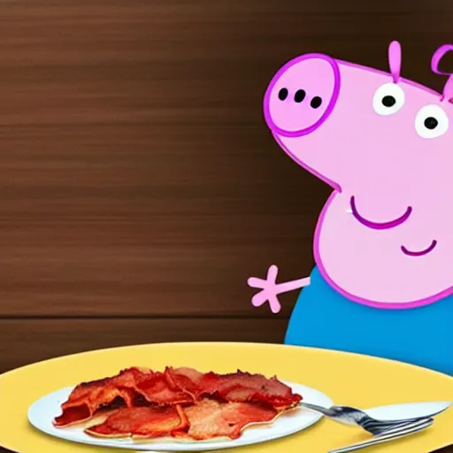 Prompt: peppa pig eating a plate full of bacon